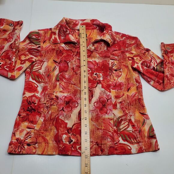 Chicos Additions Floral Red Orange Yellow Beige Zippered Jacket Womens Sz 1 - Picture 12 of 16